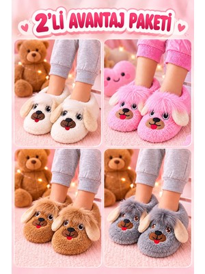 Albishoes 2'li Paket Peluş Çocuk Ev Botu Panduf Yumuşak Tüylü Kaydırmaz Sessiz Taban Kreş Ev Günlük