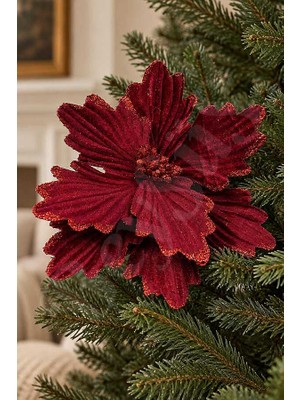 BeySüS Yılbaşı Bordo Kadife Simli Ata Çiçek 18 cm