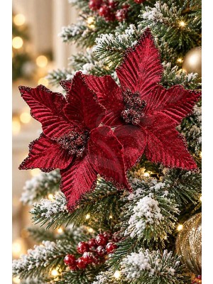 BeySüS Yılbaşı Ağacı Süsü Bordo Ata Çiçek 14 cm 2li