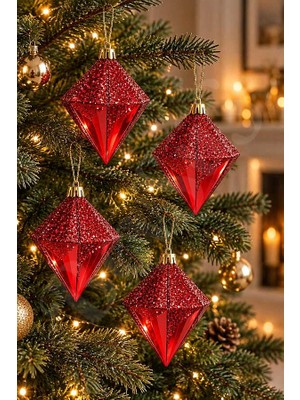 BeySüS Yılbaşı Ağacı Süsü Kırmızı Elmas 12 cm 4lü