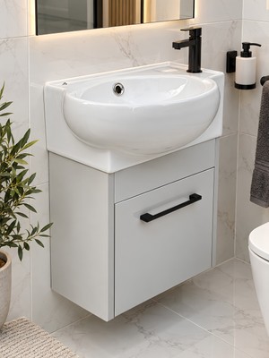 Turkuaz Lavabolu Mini Serisi 28X45 cm Gri Asma Banyo Dolabı – Siyah Kulplu