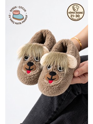 Albishoes Köpek Desen Pofuduk Bebek Çocuk Ev Botu Panduf Yumuşak Tüylü Kaydırmaz Taban Bebek Panduf