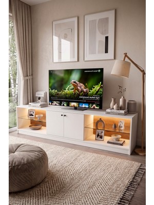 Robin Home Prime Temperli Cam Raflı Neon LED Işıklı 200CM Tv Ünitesi Tv Sehpası Sepet-Beyaz