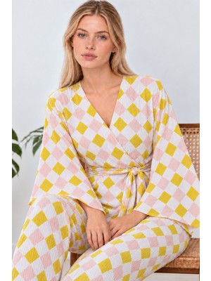 Fit Women Kadın Kruvaze Kuşaklı Sarı Ikili Pijama Takımı 4804