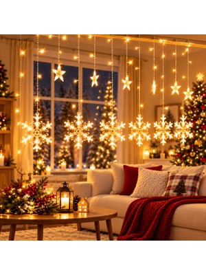 Nunu Yıldız ve Kar Tanesi LED Perde Işık Gün Işığı Yılbaşı Noel Dekoratif Süs Aydınlatma 2,5 Metre 8 Fonksiyonlu