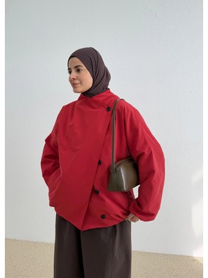 Moda Aksa 7782 Kruvaze Dik Yk Trençkot Kırmızı