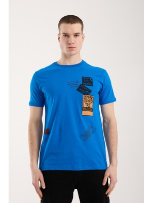 Maxi Modena Erkek Grafik Baskılı T-Shirt Sportif Kesim Günlük Kullanım - Mavi