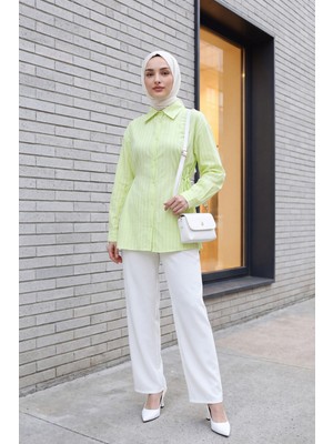 Moda Morfo Yanları Bağcıklı Çizgili Düğmeli Modal Tunik -Açık Sarı