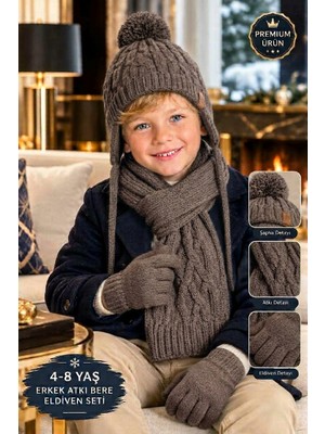 Okavango Lüx 4-8 Yaş Erkek Çocuk 3’lü Kışlık Set Ponponlu Erkek Çocuk Atkı Bere Eldiven Takımı
