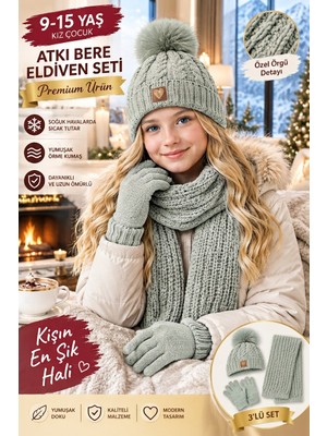 Pairla Lüx 9-15 Yaş Kız Çocuk 3’lü Kışlık Set Ponponlu Kız Çocuk Atkı Bere Eldiven Takımı
