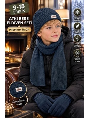 Okavango Lüx 9-15 Yaş Erkek Çocuk 3’lü Kışlık Set Ponponlu Erkek Çocuk Atkı Bere Eldiven Takımı