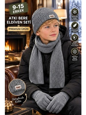 Okavango Lüx 9-15 Yaş Erkek Çocuk 3’lü Kışlık Set Ponponlu Erkek Çocuk Atkı Bere Eldiven Takımı