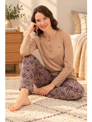 Arnetta Kadın Premium Modal Pamuklu Nakışlı Uzun Kollu Desenli Pijama Takım