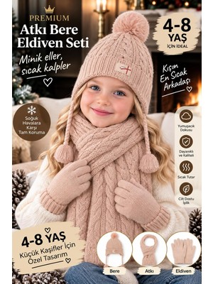 Pairla Lüx 4-8 Yaş Kız Çocuk 3’lü Kışlık Set Ponponlu Kız Çocuk Atkı Bere Eldiven Takımı