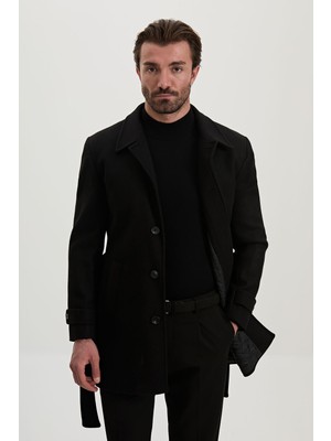 MCR Düz Slim Fit Gömlek Yaka Kuşaklı Kaşe Erkek Kaban