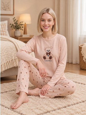 Wordex Mırano 3114 Waffle Soft Kumaş Ayıcık Desenli Kışlık Ev Kadın Pijama Takımı