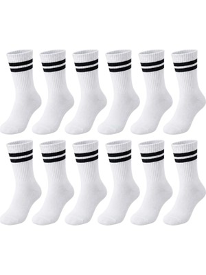 SBN - Store Unisex Beyaz Çorap Siyah Çizgili 12'li Set Uzun Soket Günlük Spor Kolej Stil Kadın Erkek Çorabı
