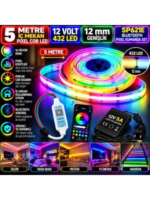 Powerr Led Aydınlatma 5m 12V 12MM 432 Ledli Iç Mekan Pixel Cob LED 5A Laptop Adaptör SP621 Bluetooth Pixel Kumandalı Set