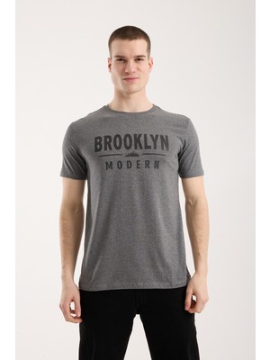 Maxi Modena Erkek Rahat Kesim Yazı Detaylı T-Shirt - Gri