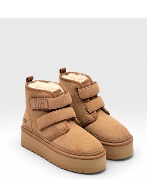Globalux Women's Ugg Neumel Platform - Chestnut - Taba - Kadın - Süet - Çift Cırt Bantlı - Kalın Taban - Kürklü Bot