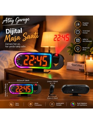 Atay Garage Projeksiyonlu  RGB LED Dijital Saat & Alarm – Aynalı Tasarım, Sıcaklık Göstergeli, Modern Masa Saati