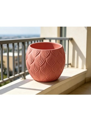 SBN - Store 3D Baskı Yapraklı Desenli Yuvarlak Saksı Tepsili Süzdürmeli Bitki Saksısı 15 cm Dekoratif Çiçek - Kırmızı