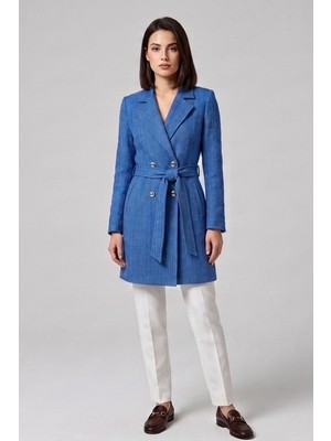 Kuşaklı ve Kruvaze Kapanışlı Tvüt Dokulu Blazer Ceket