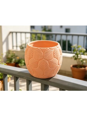 SBN - Store 3D Baskı Yapraklı Desenli Yuvarlak Saksı Tepsili Süzdürmeli Bitki Saksısı 15 cm Dekoratif Çiçek - Turuncu