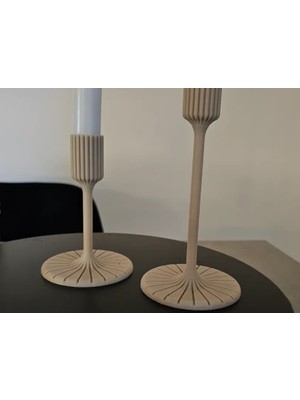 SBN - Store 3D Baskı Modern Uzun Mum Tutucu Şamdan Çizgili Başlıklı Konik Mum Şamdanı 23 mm Bej