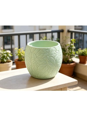 SBN - Store 3D Baskı Yapraklı Desenli Yuvarlak Saksı Tepsili Süzdürmeli Bitki Saksısı 15 cm Dekoratif Çiçek - Yeşil