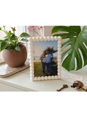 SBN - Store 3D Baskı Inci Baloncuk Fotoğraf Çerçevesi Boncuk Kenarlı Modern Fotoğraf Çerçevesi Masaüstü Beyaz