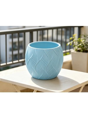 SBN - Store 3D Baskı Yapraklı Desenli Yuvarlak Saksı Tepsili Süzdürmeli Bitki Saksısı 15 cm Dekoratif Çiçek - Mavi