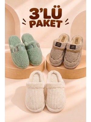 Nmoda 3’lü Avantajlı Paket Kışlık Peluş Desenli Sessiz Ortopedik Taban Çeyiz Misafir Ev Terliği Set