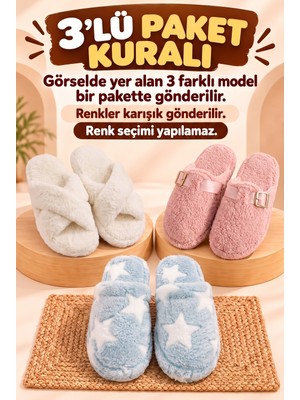 Nmoda 3’lü Avantajlı Paket Kışlık Peluş Desenli Sessiz Ortopedik Taban Çeyiz Misafir Ev Terliği Set