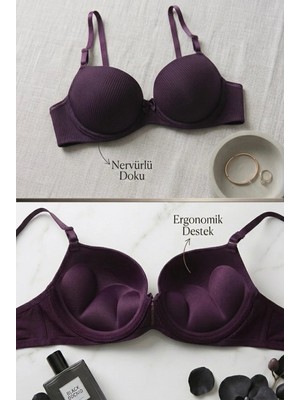 Lavint Homewear Mor Ultra Push-Up Çizgili Destekli Balenli Slikonlu Sütyen