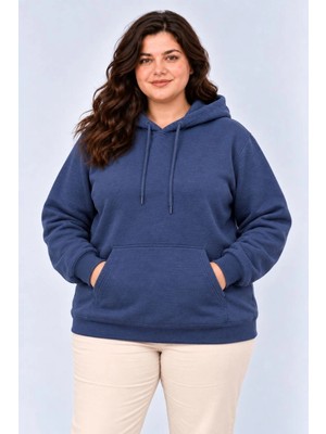 Tarz Yeri Kadın Battal Büyük Beden Üç Iplik Içi Şardonlu Kapüşonlu Kanguru Cepli Kışlık Sweatshirt - Lacivert
