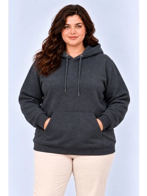 Tarz Yeri Kadın Battal Büyük Beden Üç Iplik Içi Şardonlu Kapüşonlu Kanguru Cepli Kışlık Sweatshirt - Füme