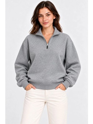 Tarz Yeri Kadın Üç Iplik Içi Şardonlu Dik Yaka Yarım Fermuarlı Kışlık Sweatshirt - Gri