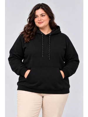 Tarz Yeri Kadın Battal Büyük Beden Üç Iplik Içi Şardonlu Kapüşonlu Kanguru Cepli Kışlık Sweatshirt - Siyah