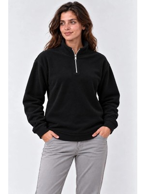 Tarz Yeri Kadın Polar Dik Yaka Yarım Fermuarlı Uzun Kollu Regular Fit Kışlık Sweatshirt - Siyah