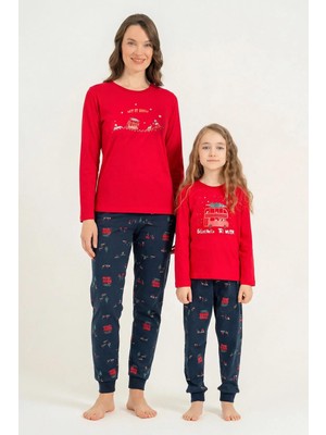 Roly Poly 3938-G Kırmızı Otobüs Çam Ağacı Yılbaşı Desenli Paçası Bantlı Pijama Takım 'anne Kız Aile Kombini Yapılabilir'