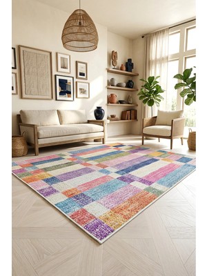 Decomia Home Vintage Etnik Renkli Kaymaz Dokuma Tabanlı Yıkanabilir Şönil Kilim Salon Halısı Çocuk Odası Mutfak Koridor