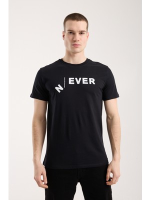 Maxi Modena Erkek Urban Never Tipografik Baskılı Slim Fit Günlük Tişört - Siyah