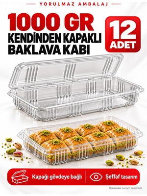 Yorulmaz Ambalaj 1000 gr Kendinden Kapaklı Şeffaf Baklava Kabı 12’li – Plastik Tatlı Sunum Kabı