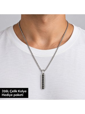 Herşey Nota 316L Çelik Erkek Kolye – Siyah Geometrik Desenli Ince Çubuk Uçlu 70 cm Zincirli Kolye