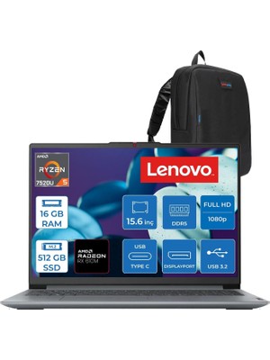 Kryon Ideapad Slim 3 Amd Ryzen 5 7520U 16GB Lpddr5 512GB SSD Radeon 610M Graphics 15.6" Fhd Tn 250NITS Freedos Taşınabilir Bilgisayar 82XQ00SFTXF09 + Zettaçanta