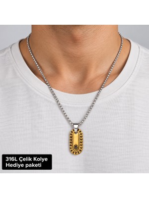 Herşey Nota 316L Çelik Erkek Kolye – Gold Siyah Işlemeli Oval Plaka Uçlu 70 cm Zincirli Kolye