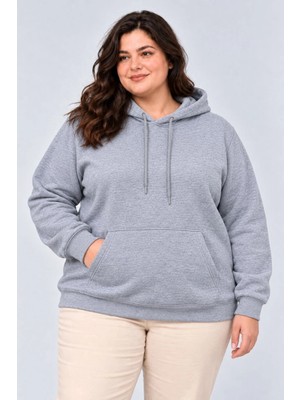 Milares Kadın Battal Büyük Beden Üç Iplik Içi Şardonlu Kapüşonlu Kanguru Cepli Kışlık Sweatshirt - Gri