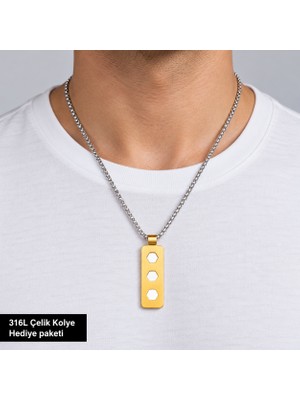 Herşey Nota 316L Çelik Erkek Kolye – Üçlü Altıgen Kesim Gold Plaka Uçlu 70 cm Zincirli Kolye