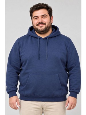 Milares Erkek Battal Büyük Beden Üç Iplik Içi Şardonlu Kapüşonlu Kanguru Cepli Kışlık Sweatshirt - Lacivert